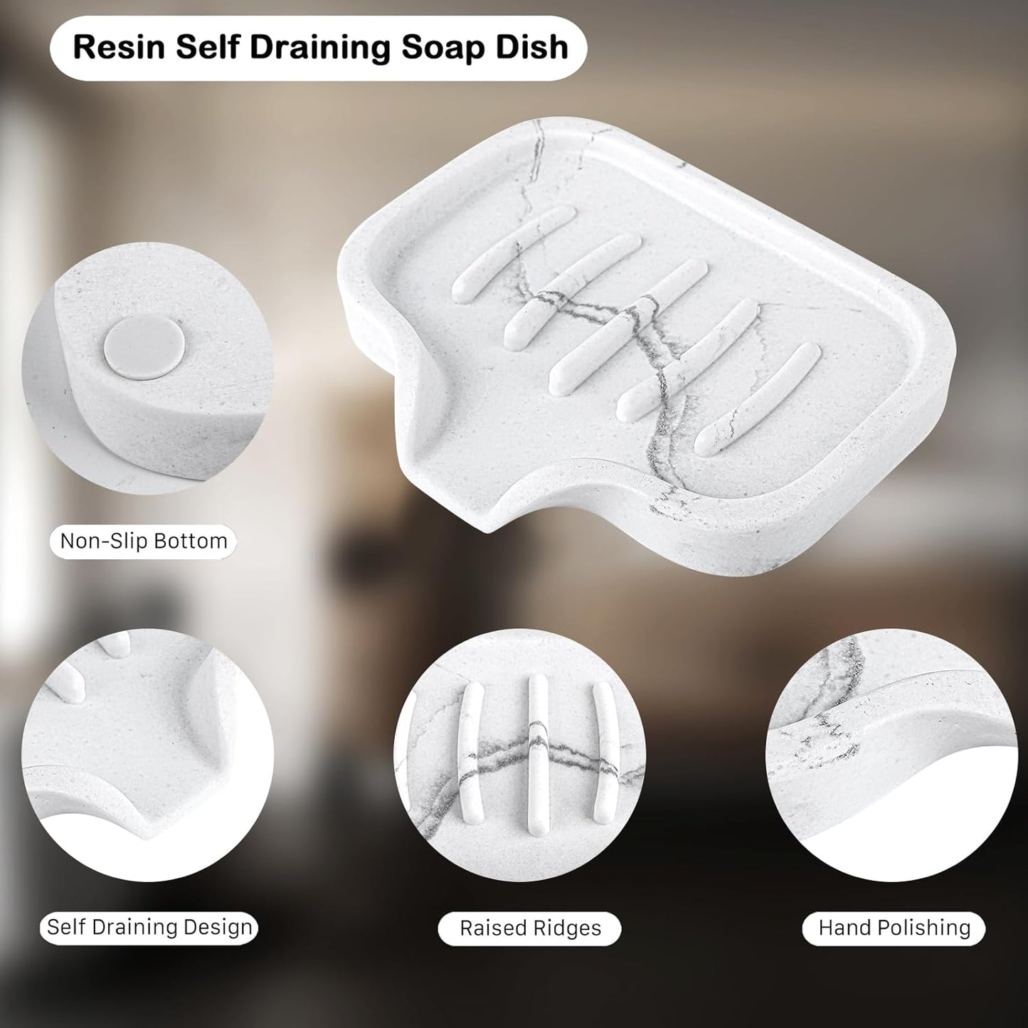 Self Draining Soap Dish- Bar Soap Holder for Shower, Marble Design Large Soap Savers Soap Tray Sponge Holder for Kitchen Bathroom Bathtub Sink, White