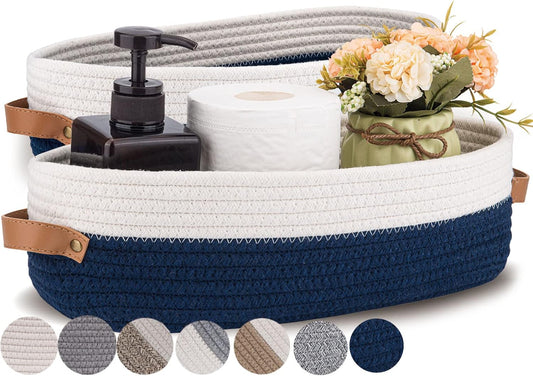 Set of 2 Toilet Basket,Woven Storage Basket for Toilet Tank Top Farmhouse Home Decor Organizing Baskets 13"x5.9"x4" Navy Stitching White