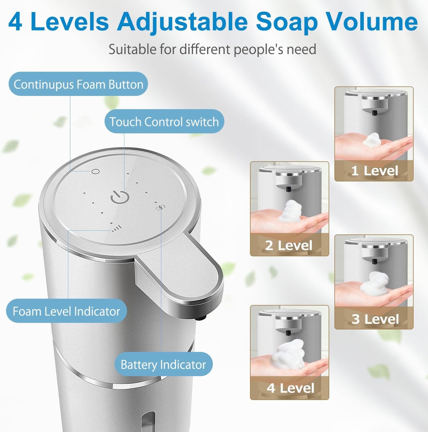 Automatic Foaming Soap Dispenser,4-Level Adjustable Foam, Wall Mount, USB Rechargeable,12.8oz/ 380ml,Touchless Hand & Dish Soap Dispenser for Bathroom, Kitchen,Hotel, Restaurant