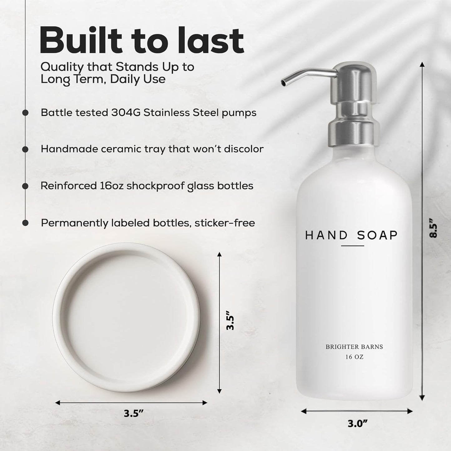 White Glass Hand Soap Dispenser Bathroom Set by Brighter Barns - Bathroom Soap Dispenser Set with Ceramic Tray - Refillable Glass Bottle Pump - Modern Home Decor for Airbnb, Hotel, Restaurants (White)