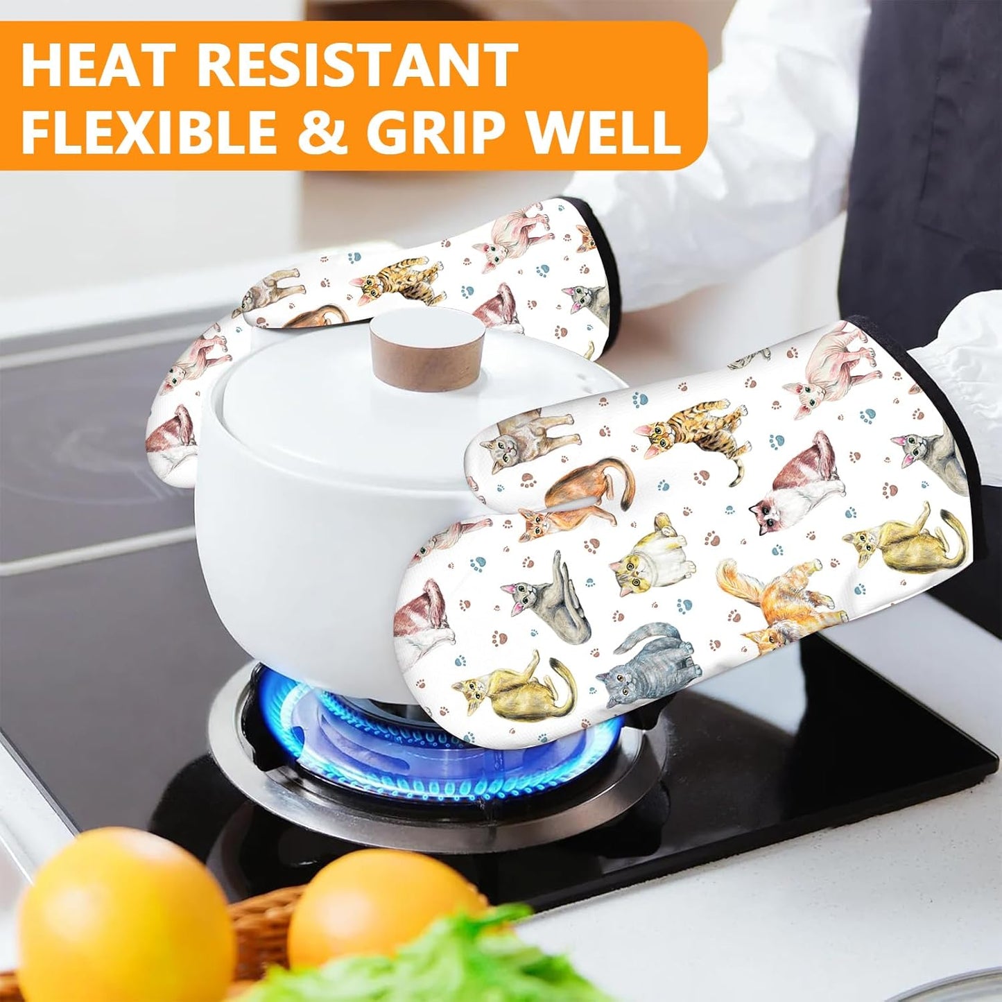 Cute Cats Oven Mitts and Pot Holders Sets 4Pcs,Extra Long Oven Gloves Potholder for Kitchen Cooking Baking BBQ 100% Cotton Heat Resistant