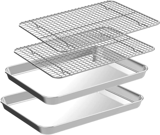 CEKEE 4 PCs Small Baking Sheet With Wire Rack Set [2 Pans + 2 Cooling Racks], 10 Inch Stainless Steel Tray - Rust & Warp Resistant, Easy Clean