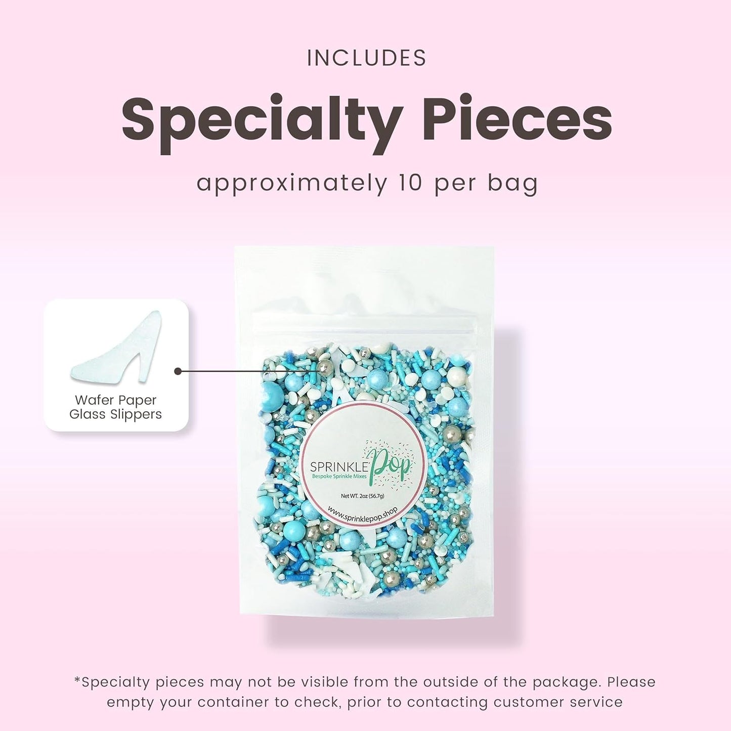 Sprinkle Pop Glass Slipper Princess Sprinkle Mix| Blue White Sprinkles with ~10 Frozen Shoe Wafer Paper and Silver Dragees| Girl Sprinkles Made in USA for Decorating Birthday Cupcakes Cake Donuts, 2oz