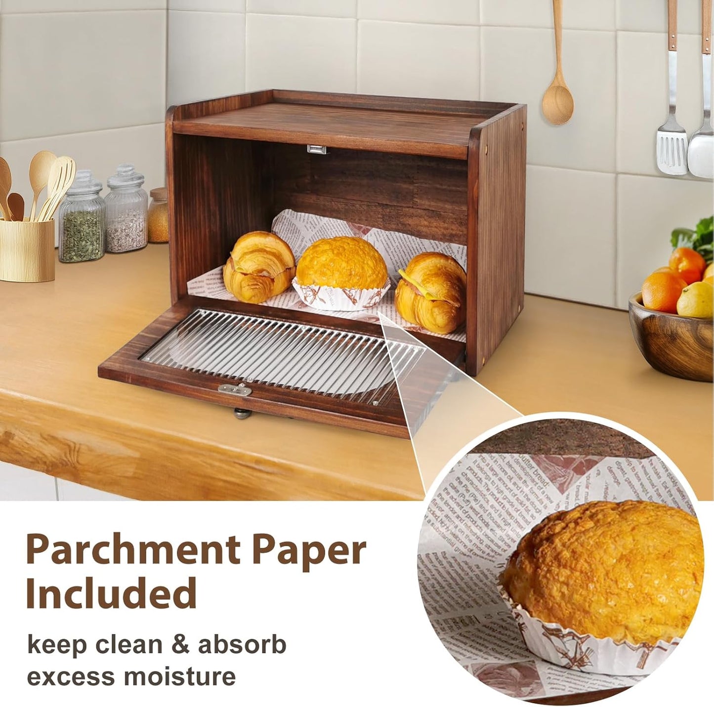 Sunhoo Bread Box for Kitchen Countertop Storage Wooden Breadbox Holder Container Morden Rustic Fresh Bread Keeper Farmhouse Stackable Organizer Bin for Homemade Food Shelf Acrylic Window (Brown)