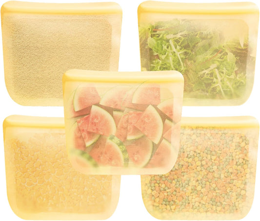 purifyou Set of 5 Reusable Silicone Storage Snack Bags 6oz / 16oz / 32oz / 64oz Self-Seal Food Storage Container for Fruits, Vegetables, Sandwiches, Dishwasher Safe & Leak-free (PastelYellow, 64oz)