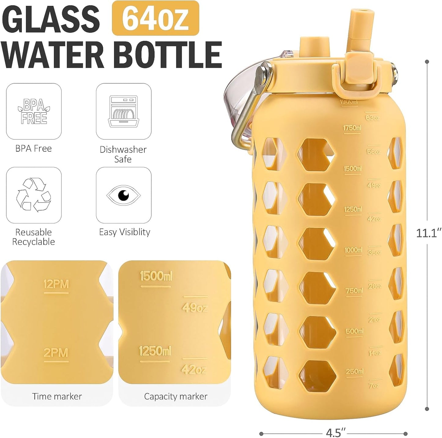 MUKOKO 64oz Glass Water Bottles with Straw and Lid,Half Gallon Water Bottle with Time Marker,Large Glass Water Jug with Silicone Sleeve and Stainless Steel Handle-Yellow