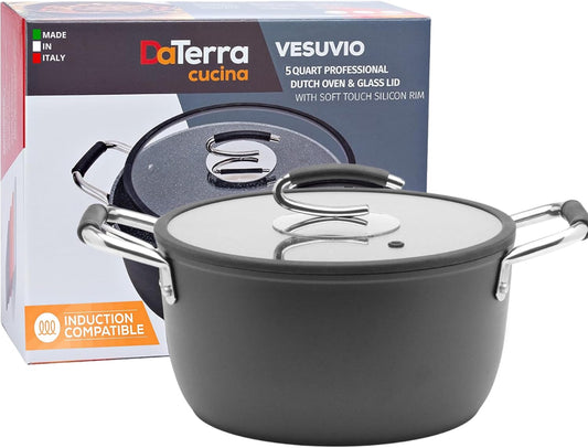 DaTerra Cucina - 5 Qt Nonstick Ceramic Dutch Oven Pot with Lid – Lightweight Nonstick Pot with Dual Handles, Perfect for Soup, Pasta, Sautéing, Searing, Induction & Stovetop Safe - Black