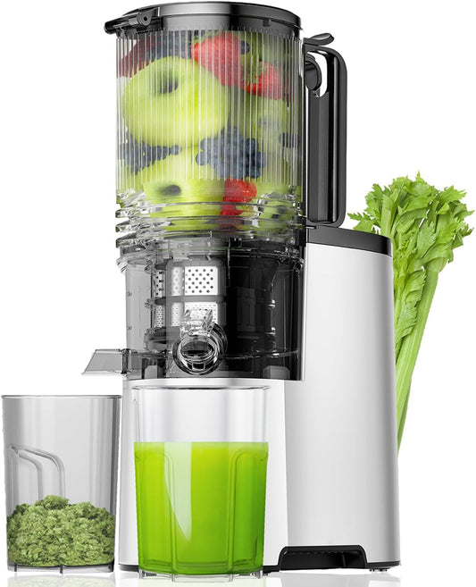 Cold Press Juicer, 5.3" Wide Feed Chute Juice Extractor Machine with 400W, High Juice Yield, Slow Masticating Juicer for Whole Vegetables & Fruits, Metallic Silver