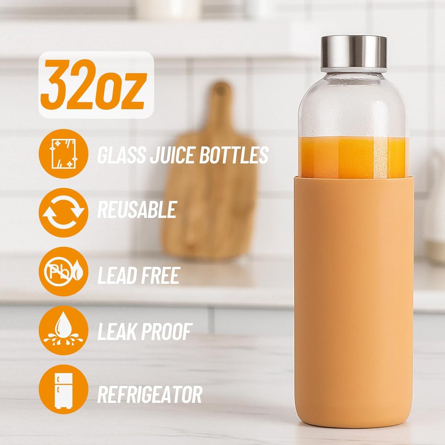 32 oz Clear Glass Bottles with Lids and Silicone Sleeve, Reusable Refillable Water Bottles for Juicing, Refrigerator,100% Leak Proof, BPA Free, Juice Glass Set of 3