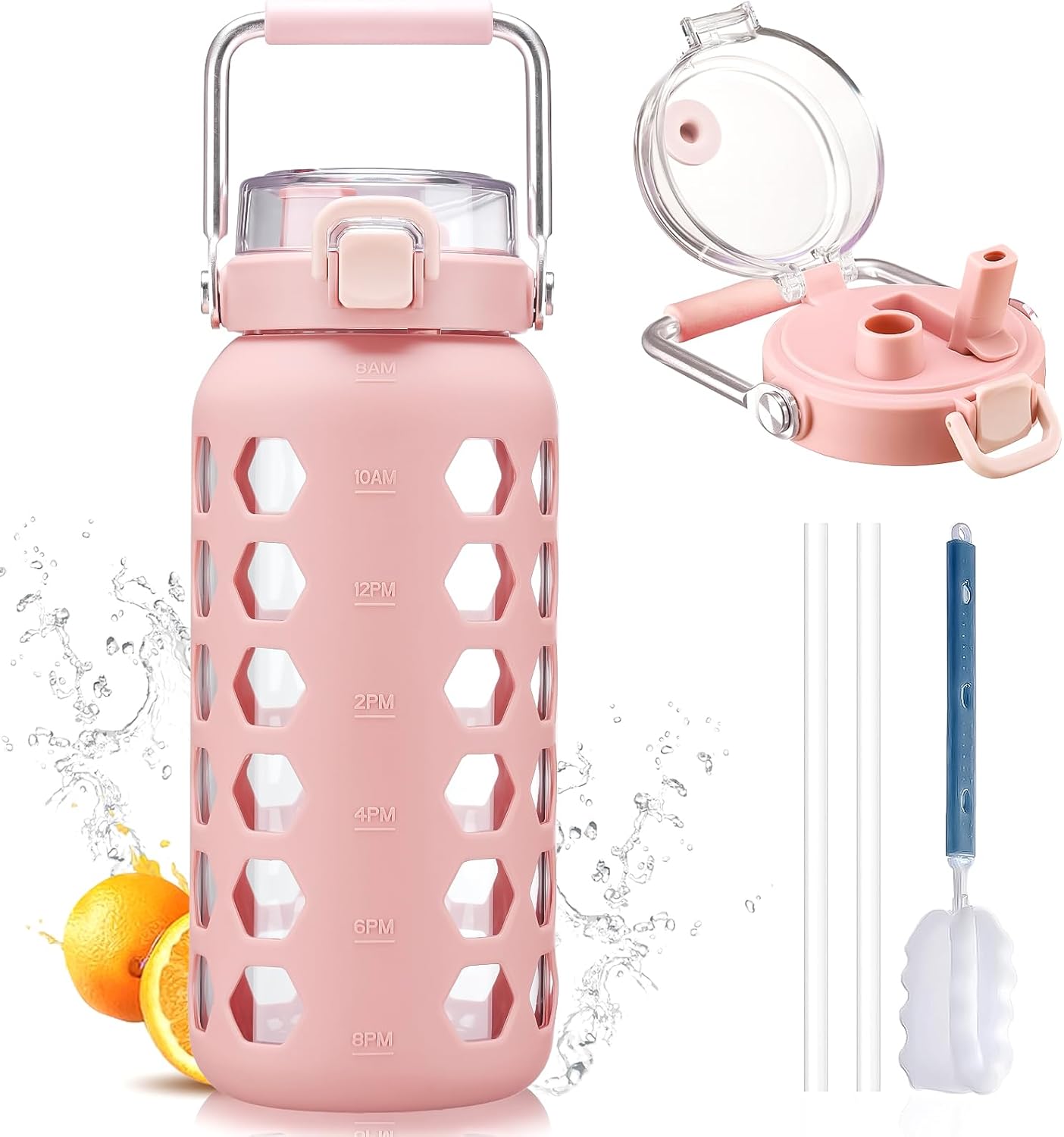MUKOKO 64oz Glass Water Bottles with Straw and Lid,Half Gallon Water Bottle with Time Marker,Large Glass Water Jug with Silicone Sleeve and Stainless Steel Handle-Pink