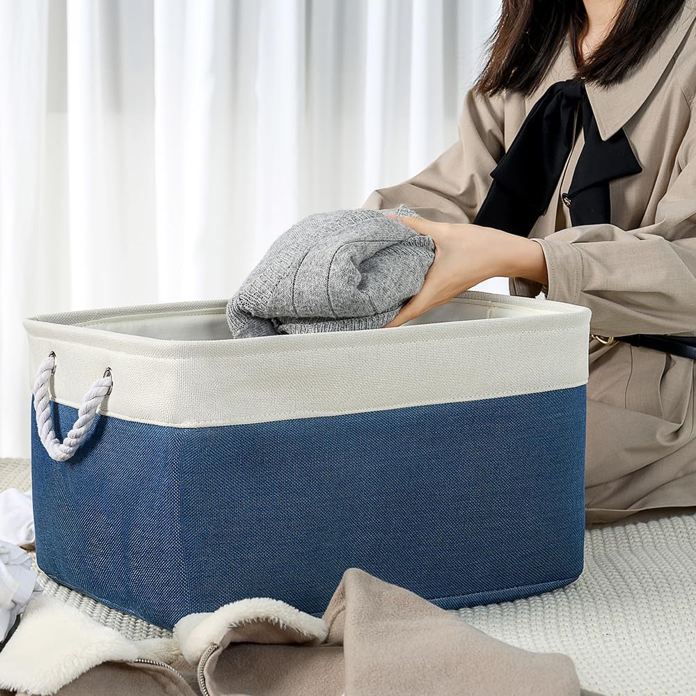 TheWarmHome Organization and Storage Basket for Organizing - X Large 3 Pack 17.7L×13.8W×9.8H in Collapsible Storage Bin for Shelves, Basket for Gifts Empty Toys Organizer Gift (White & Jean Blus)