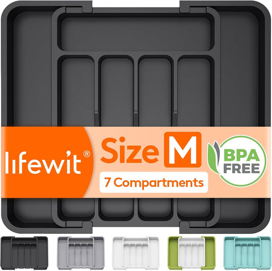Lifewit Silverware Drawer Organizer, Expandable BPA Free Utensil Tray for Kitchen, Adjustable Flatware and Cutlery Holder for Spoons Forks Knives, Plastic Kitchen Organizers and Storage, Black