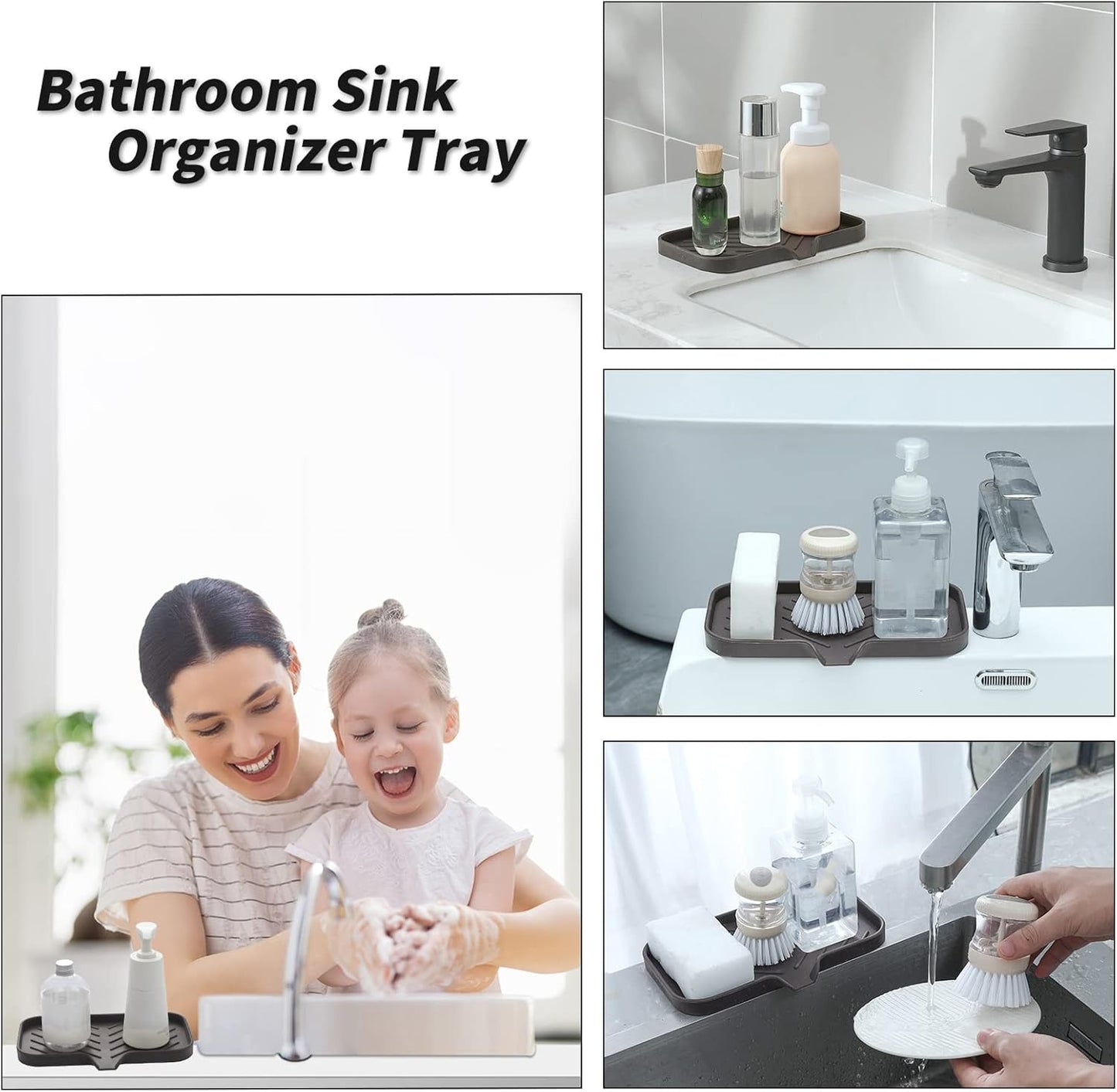 Silicone Bathroom Soap Dishes with Drain Spout-Bathroom and Kitchen Sink Organizer,Sponge Holder,Dish Soap Tray,Perfect for Dispenser,Scrubber,Bottle,Cup on Sink or Counter-Coffee 9.6"×5.3"