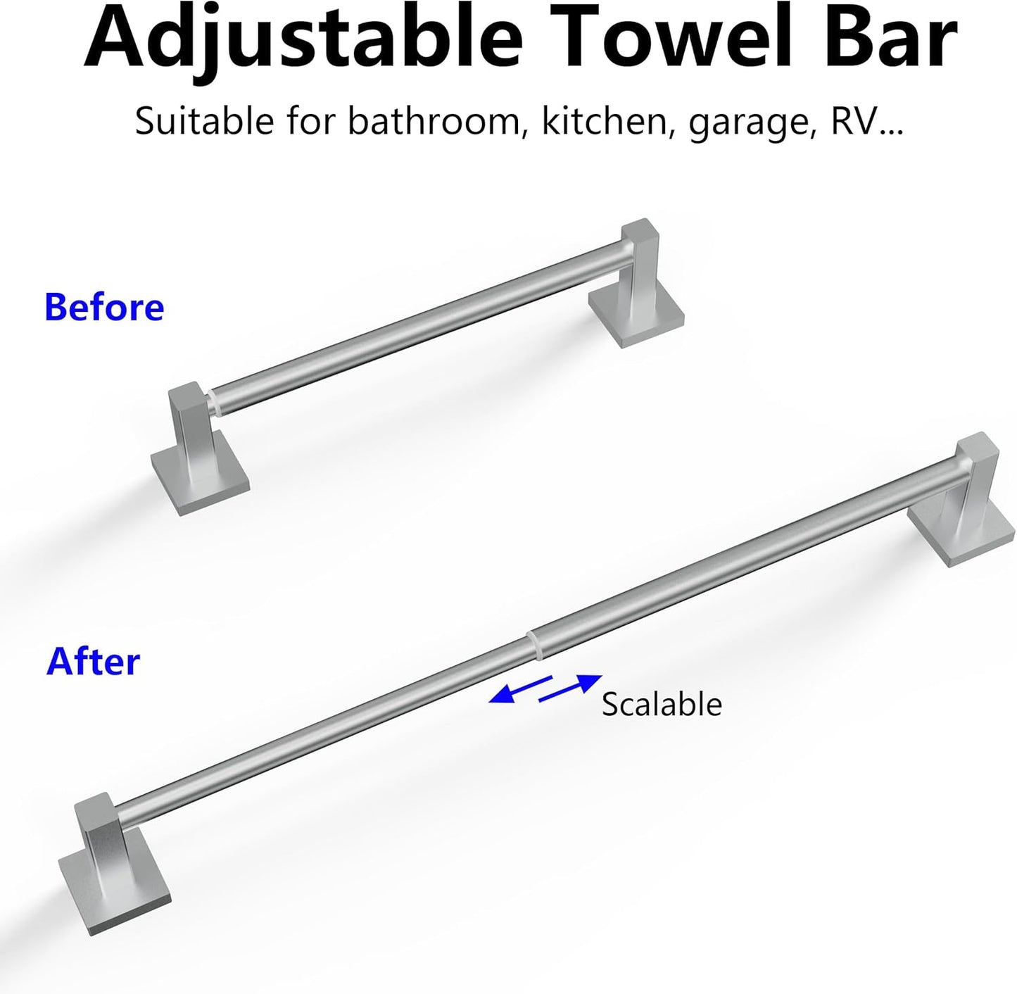 Adjustable Towel Bar, 14.4inch - 25.2inch Towel Rack, Wall Mounted for Bathroom, Kitchen Hand Towel Holder Cloths Hanger SUS 304 Stainless Steel Organizer Single Bar (Brushed Nickel)