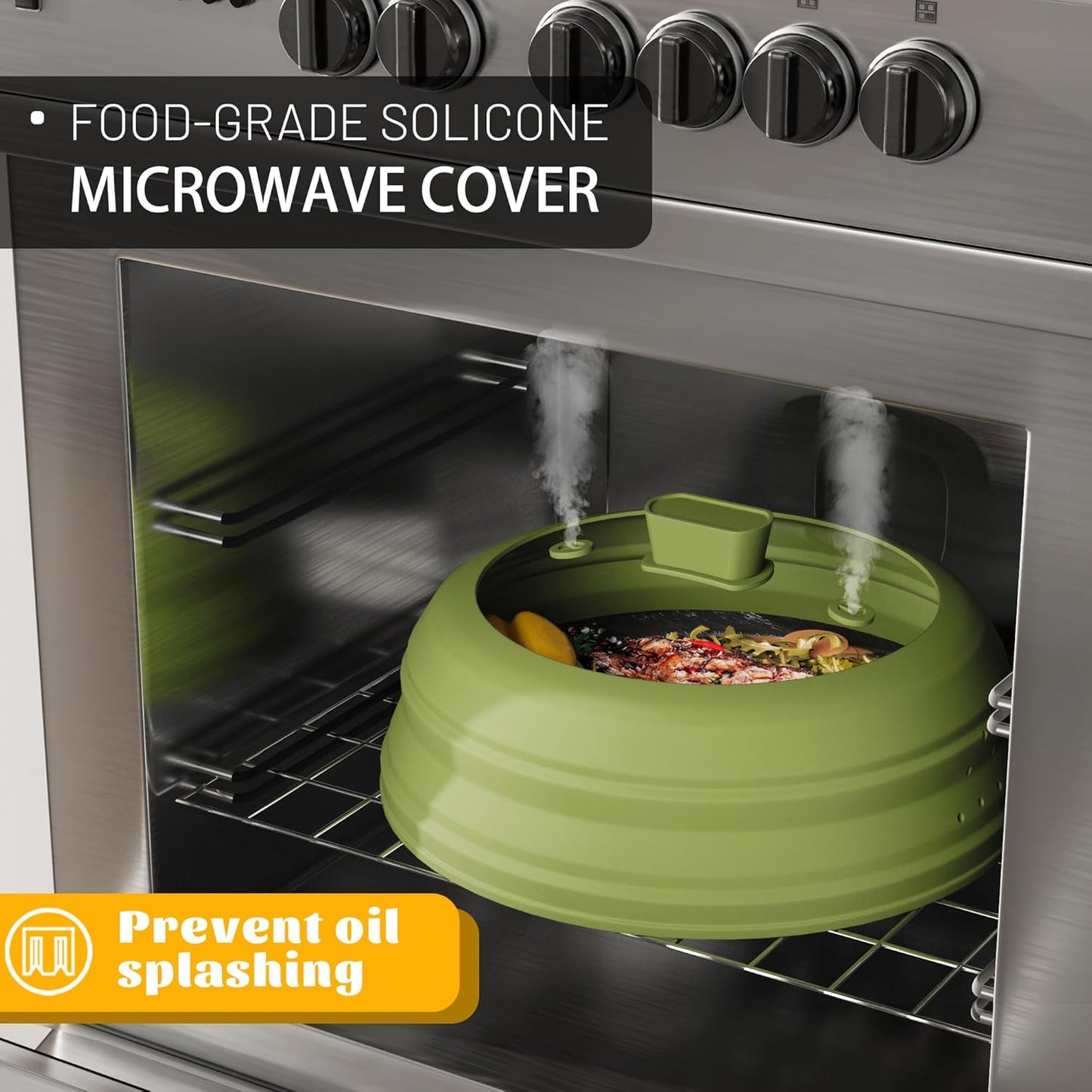 Microwave Splatter Cover, Vented Silicone and Glass Cover Splatter Guard Lid, Food Collapsible Plate Cover Lid with Easy Grip Handle. (Green, 10.8 inch)