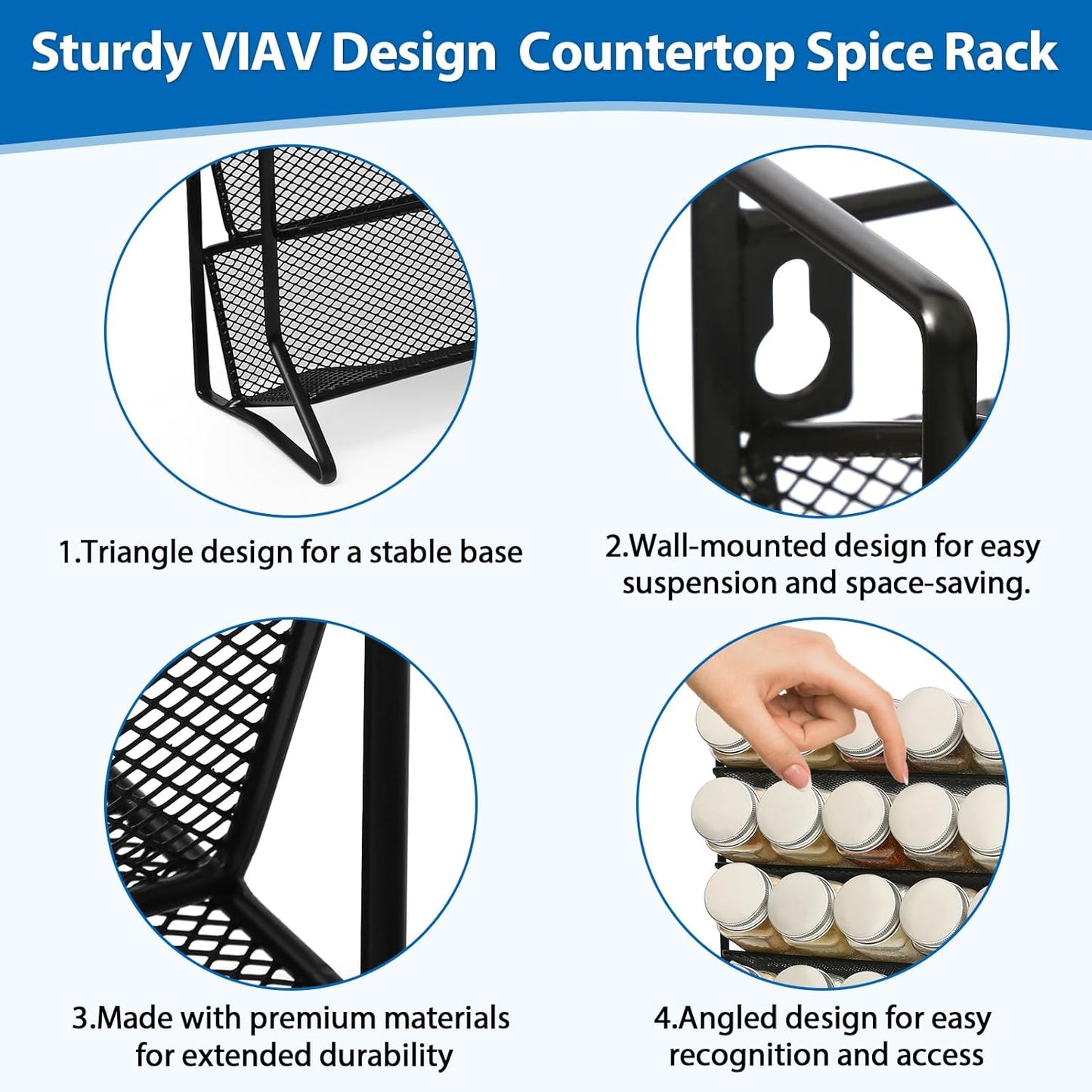 2PCS 4Tier Spice Rack for Counter Free Standing,Spice Rack for Inside Cupboard Hanging Wall Mounted Spice Seasoning Organiser Spice Jars Bottle Organizer for Kitchen Pantry（Black）