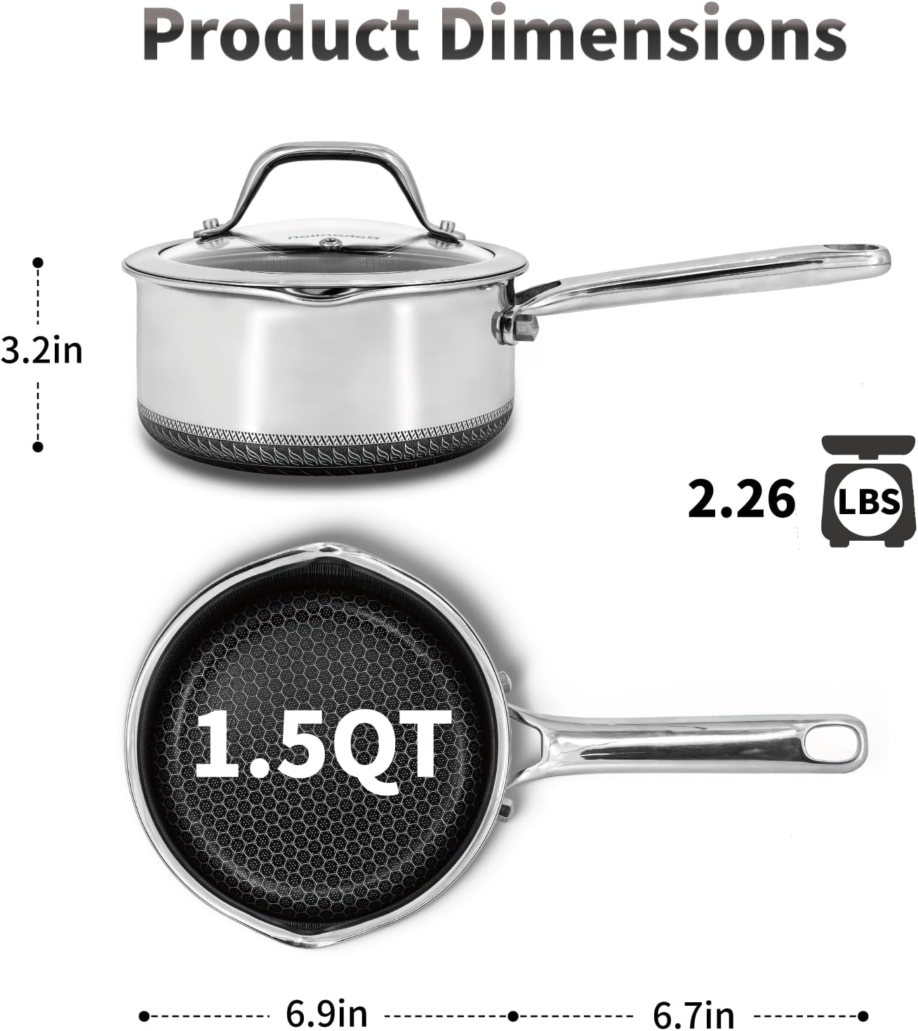 Hybrid Nonstick 1.5 QT Saucepan with Lid, Stainless Steel Honeycomb Pot with Two Pour Spouts,Compatible with All Cooktops,Dishwasher and Oven Safe