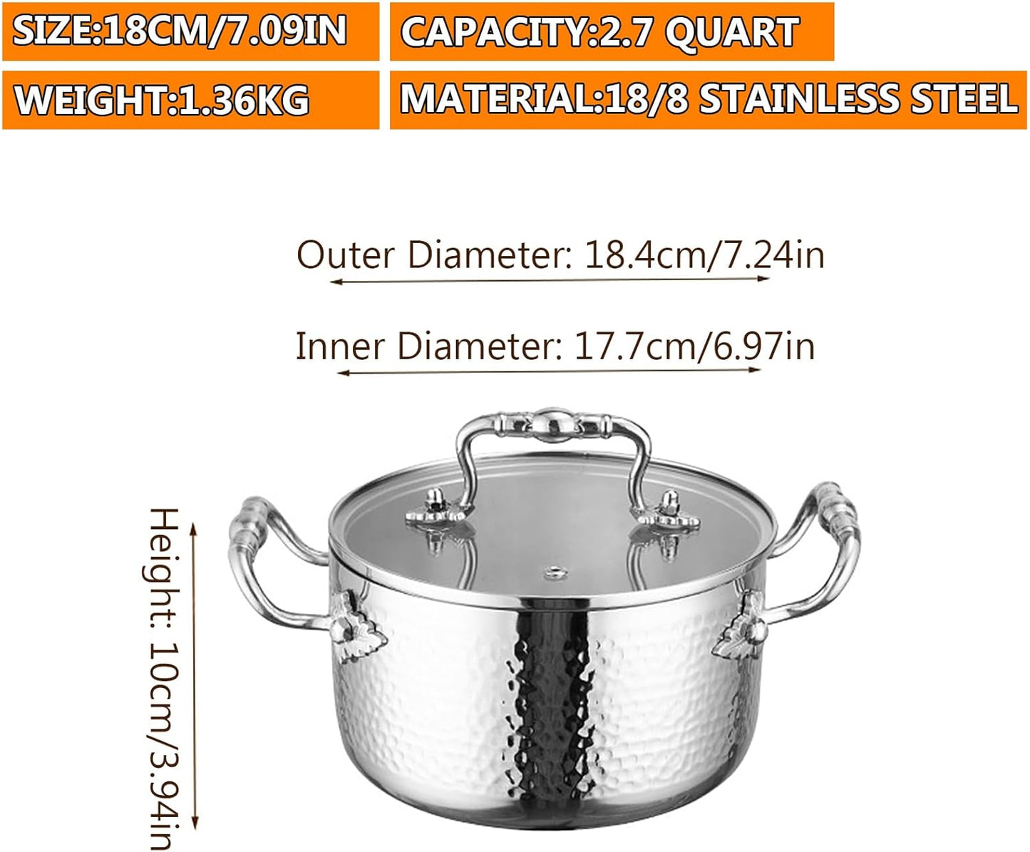 Stainless Steel Stock Pot with Visible Lid for Pasta, Soup, Spaghetti, Nonstick Thick Bottom Stockpot, Induction Pasta Pot Compatible with All Cooktops, Dishwasher Safe,2.7QT