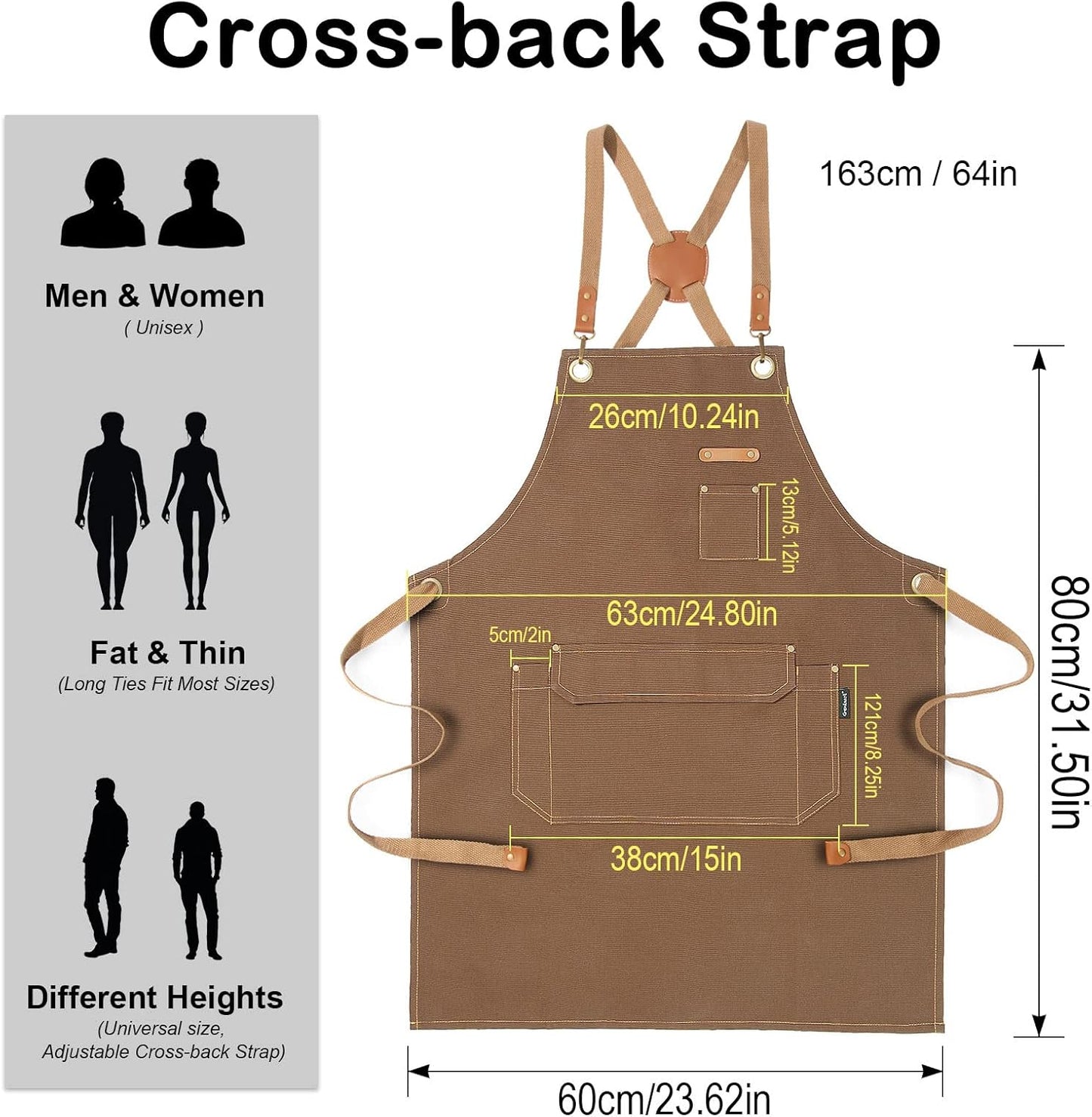 Genixart 6 Bulk Pack Chef Apron for Men Women with Pockets, Cross Back Apron for Kitchen Cooking Baking Artist Painting, Cotton Canvas Work Aprons for Restaurant, Cafe Shop, Garden (Brown, M to XXL)