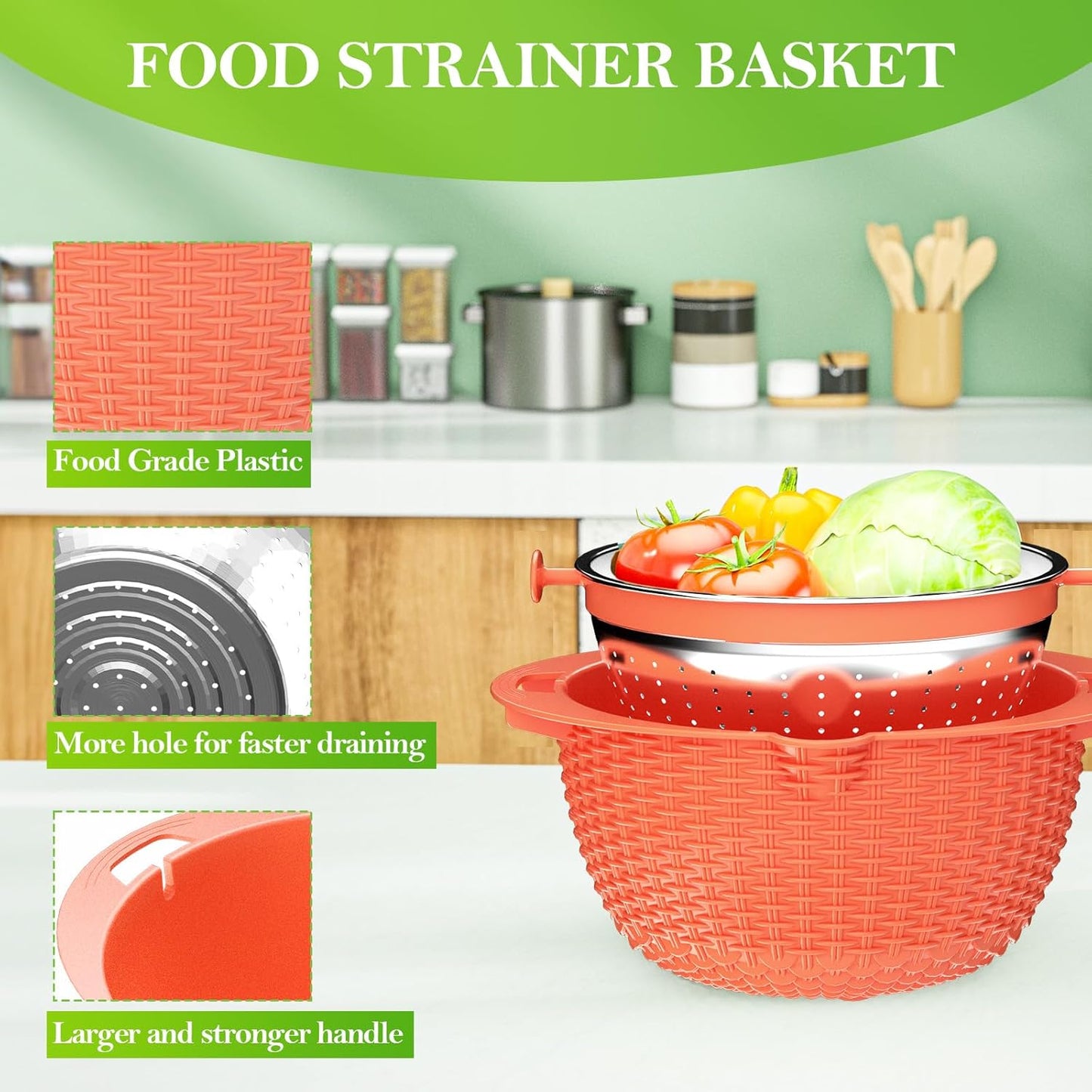 4-1 Colander with Bowl Set - Rotatable Strainers for Kitchen, Food Strainers and Colanders, Pasta Strainer, Rice Strainer, Fruit Cleaner, Veggie Wash, Kitchen Gadget Essentials - Orange