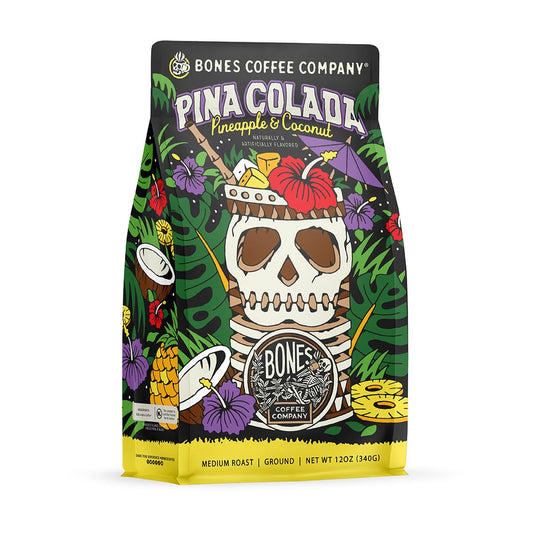 Bones Coffee Company Pina Colada, Pineapple and Coconut Flavored Coffee, Medium Roast Low Acid Arabica Beans Compatible with Auto drip and French Press Coffee Maker, 12 Oz Ground