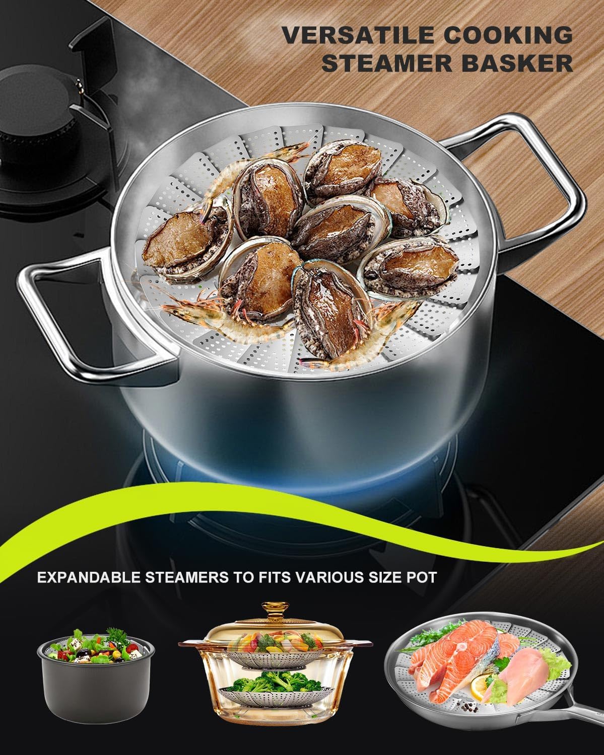 Double Layer Steamer Basket for Cooking - Large Capacity 2-in-1 Stainless Steel Vegetable Steamers, Expandable 5.4-11 Inches Adjustable Steamer Insert for Pots/Instant Pot, Dual Layer Steamers for Baby Food/Seafood/Dumplings