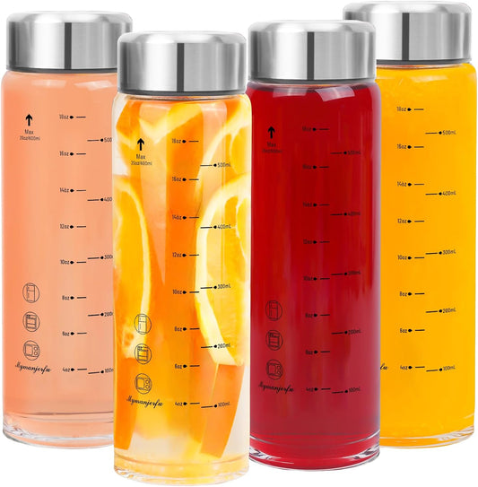 Glass Juice Bottles 4 Pack 20 oz - Wide Mouth Glass Water Bottles with Lids - for Juicing, Smoothies, Milk, Protein, BPA Free, Reusable, Stainless Steel Lids, Leak Proof, Shaker bottle [20oz/600ml]