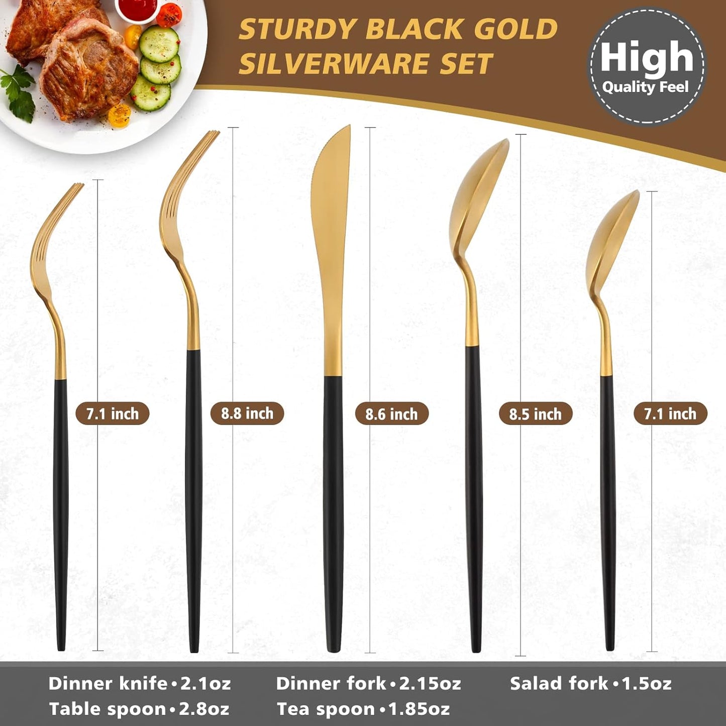 Matte Black Gold Silverware Set, Oliviola 20-Piece Stainless Steel Flatware Cutlery Set Service for 4, Satin Finish Kitchen Utensil Set, Dishwasher Safe