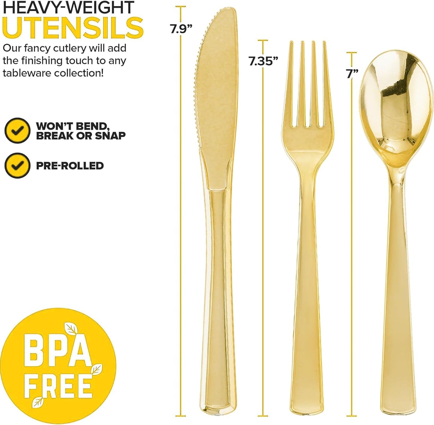 400PCS Pre Rolled Gold Plastic Silverware Sets - Heavy Duty Gold Cutlery - Include 100 Pack Wrapped Disposable Utensils with Napkins for Parties, Dinners & Weddings