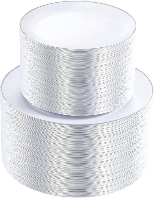 KIRE 200PCS Silver Plastic Plates - White Plastic Plates with Silver Rim Include 100 Dinner Plate and 100 for Dessert/Salad Plate for Birthday/Wedding/Party