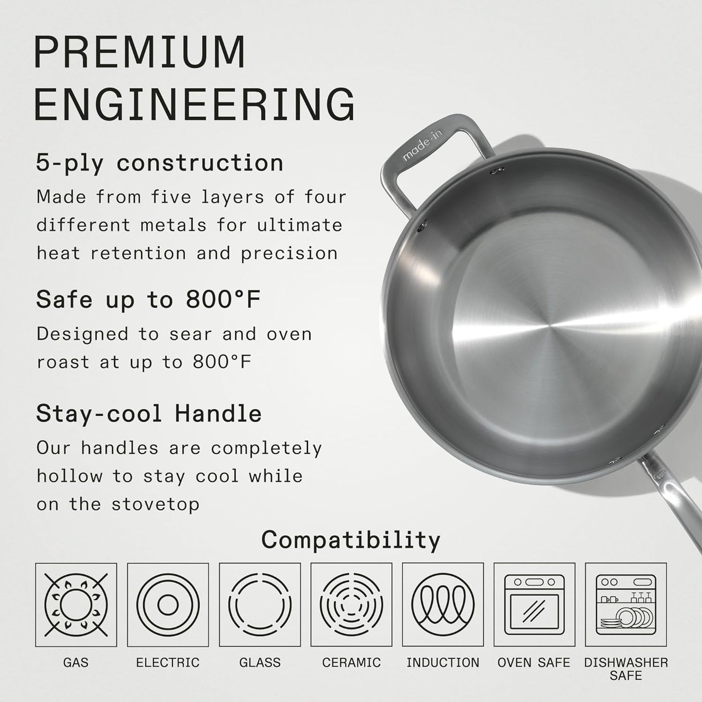 Made In Cookware - 5 Quart Stainless Steel Saucier Pan - 5 Ply Stainless Clad - Professional Cookware - Crafted in Italy - Induction Compatible