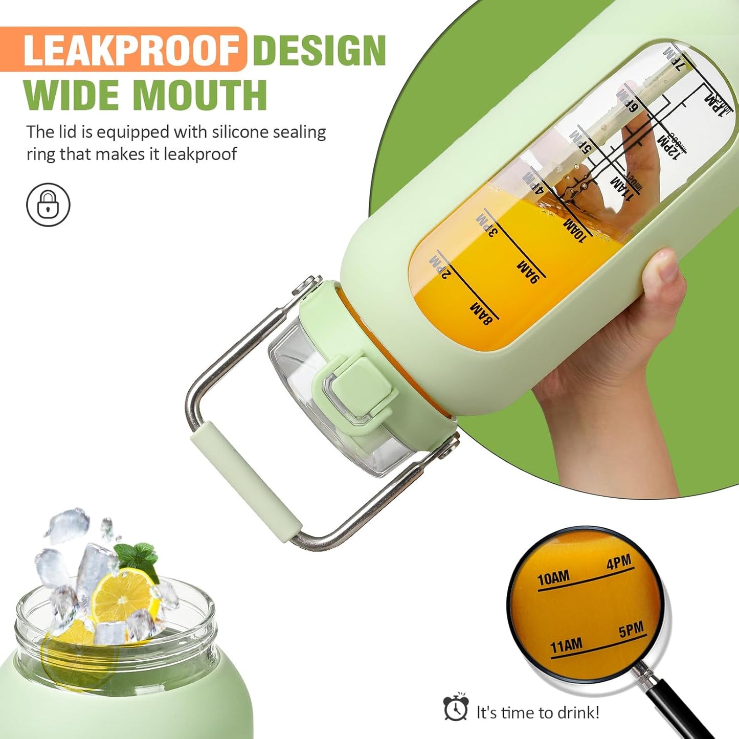 kytffu 64 oz Glass Water Bottle with Straw and Stainless Steel Handle, Half Gallon Water Bottle with Silicone Sleeve and Time Marker, 2L Large Glass Bottle for Gym, School, Travel, Leak-proof (Green)