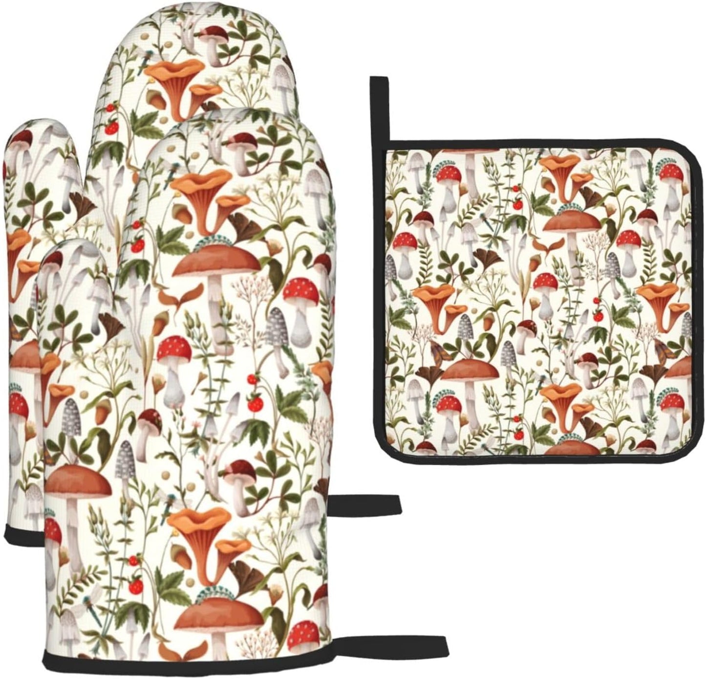 Boho Mushroom Decor Oven Mitts and Pot Holders Sets of 3 Hot Pads Cute Botanic Plant Beige Oven Gloves Heat Resistant Non Slip Washable for Kitchen Cooking Grilling Baking