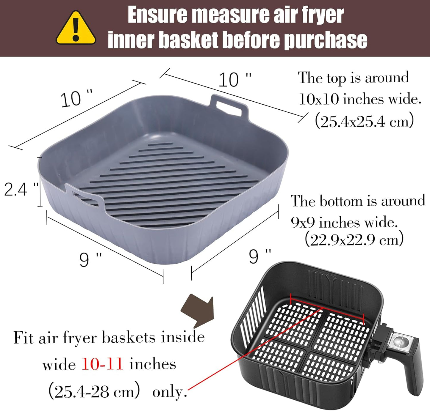 Silicone Liners Square for Air Fryer, 2 Pcs Non-stick Food-grade Reusable Basket Silicone Pot Baking Tray Airfryer Accessories, Top Size 10 inches, Bottom Size 9 inches