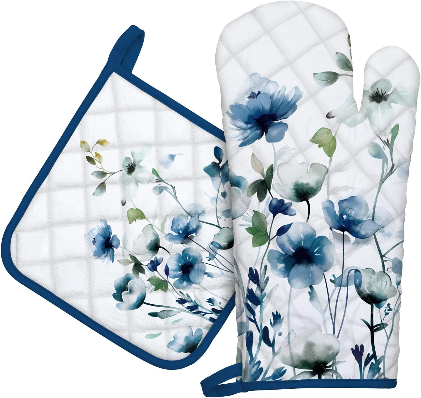 Blue Watercolor Flower Oven Mitts and Pot Holders Sets 100% Cotton Heat Resistant, Extra Long Oven Gloves Potholder for Kitchen Cooking Baking Housewarming