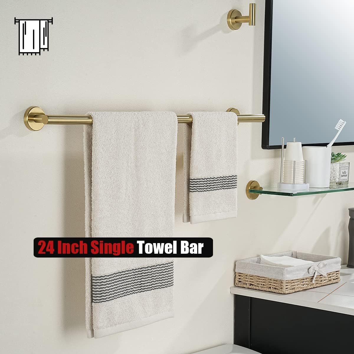 JQK Bath Towel Bar, 27 Inch Brushed Light Gold Towel Rack Bathroom, 304 Stainless Steel Thicken 0.8mm Towel Holder Wall Mount, Useable Length 24 Inch, TB110L24-BG