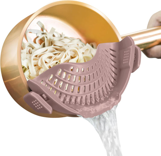 AUOON Clip on Strainer for Pots and Pans - Silicone Food Strainer for Draining Pasta, Spaghetti, Noodles, Fruits, Vegetables, Grease, Ground Beef (Almond Rose)