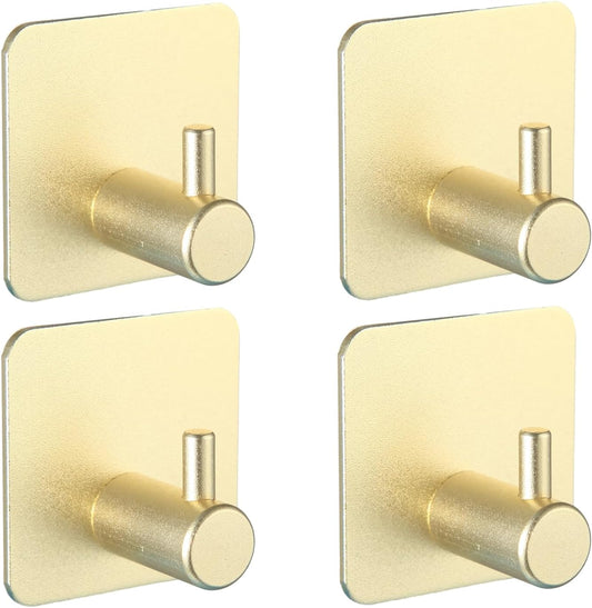 Aluminum Wall Hooks, No Drill Damage-Free Adhesive Hook, Product for Hanging Heavy Duty for Bathroom Kitchen Home (Single Square Gold Hook, 4)