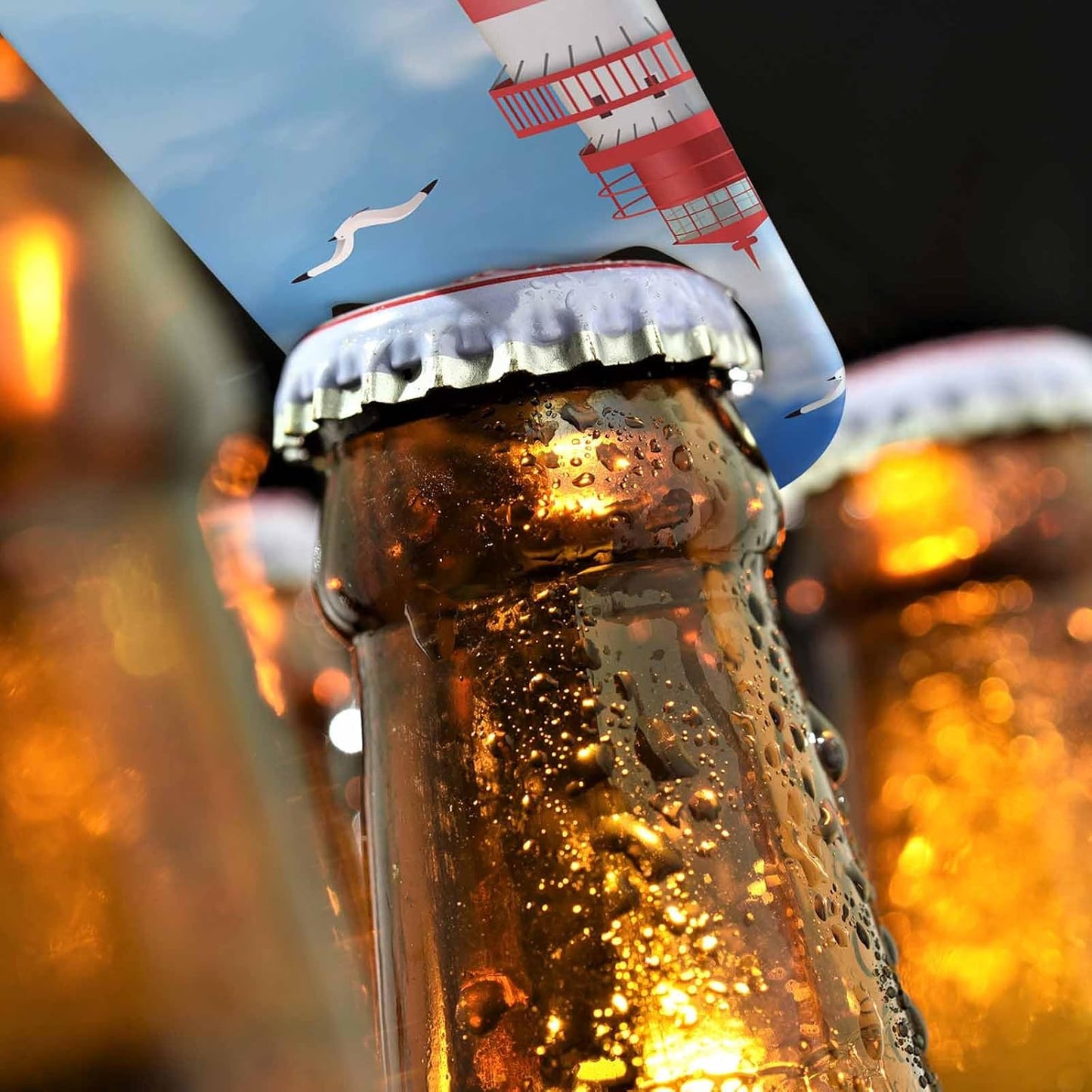 Lighthouse Stainless Steel Bottle Opener Cartoon Beach Seagull Realistic Tower Sky Sea Cloud Beautiful Scenery Flat Beer Bottle Opener Keychain for Home Kitchen Bar Restaurant Party Gift