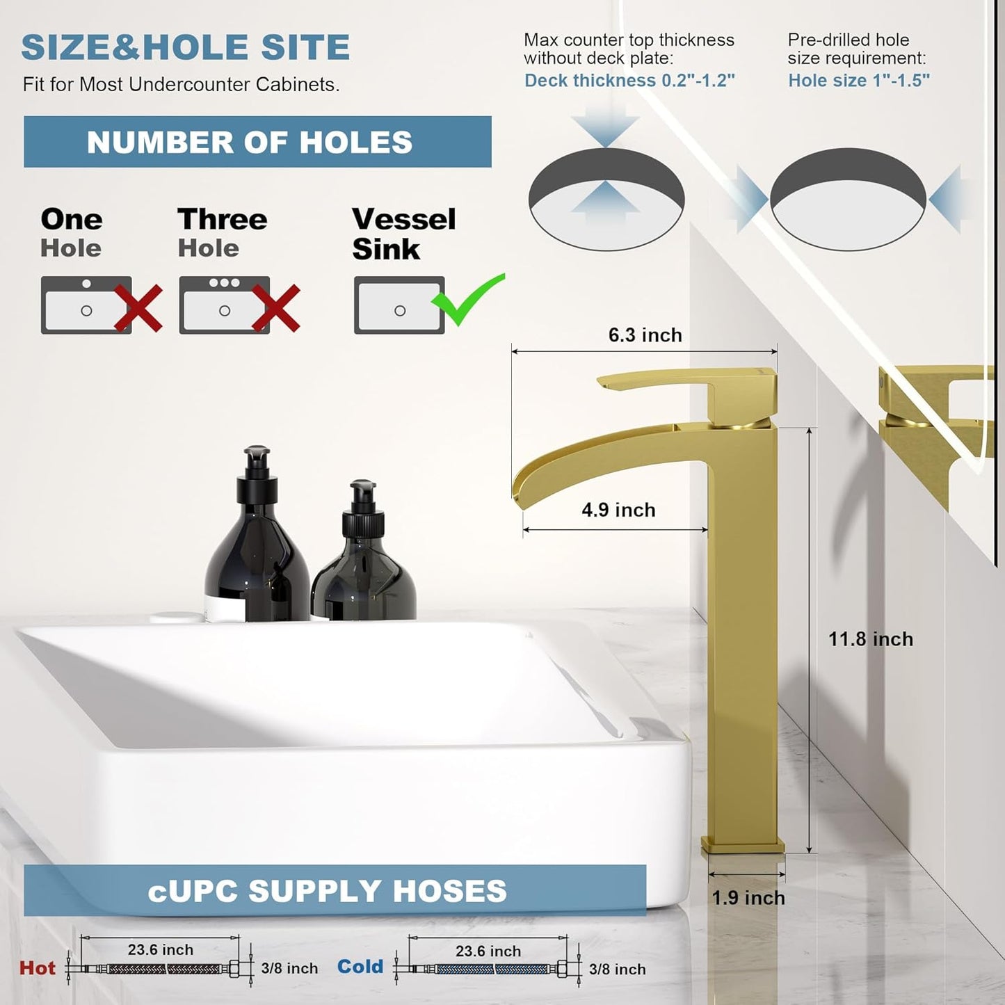 Bathroom Faucet Tall Vessel Waterfall Faucet Deck Mount Single Handle Lavatory with Water Supply Line and with Pop Up Drain （Brushed Gold ）