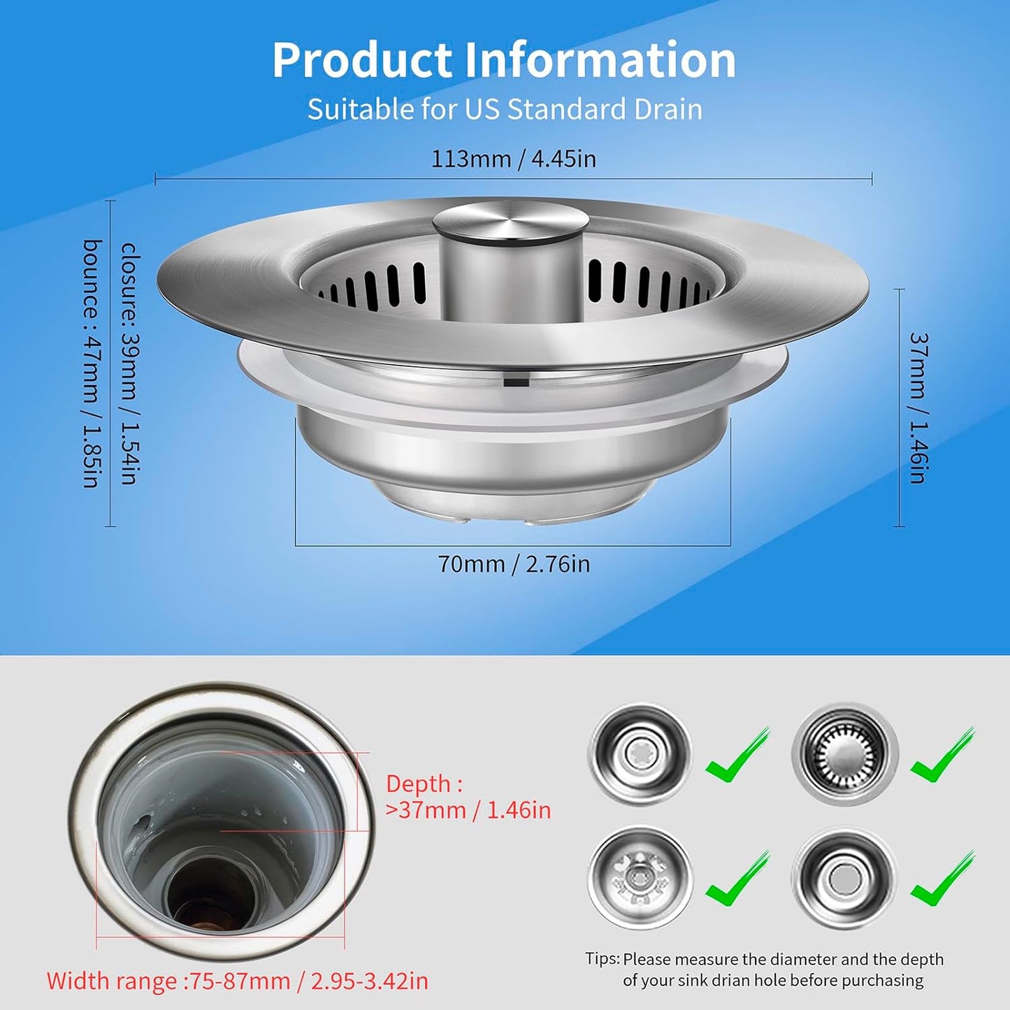 Upgraded 3 in 1 Kitchen Sink Drain Strainer - Stainless Steel Sink Stopper, Anti-Clogging Sink Food Catcher Basket, Fast Drainage Odor Filter Sink Plug for US Standard 3 1/2 inch Drain (Silver-1Pack)