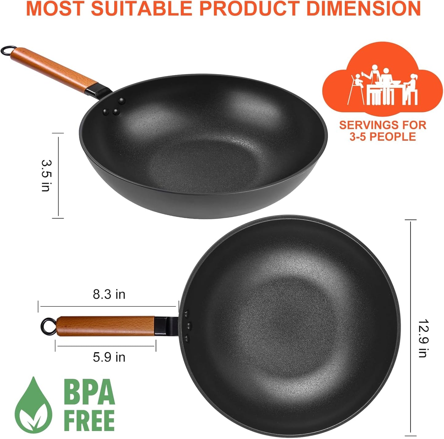 Carbon Steel Wok Pan - 12.9" Woks & Stir-Fry Pans Nonstick with Spatula: Flat Bottom Wok for Electric, Induction and Gas Stoves