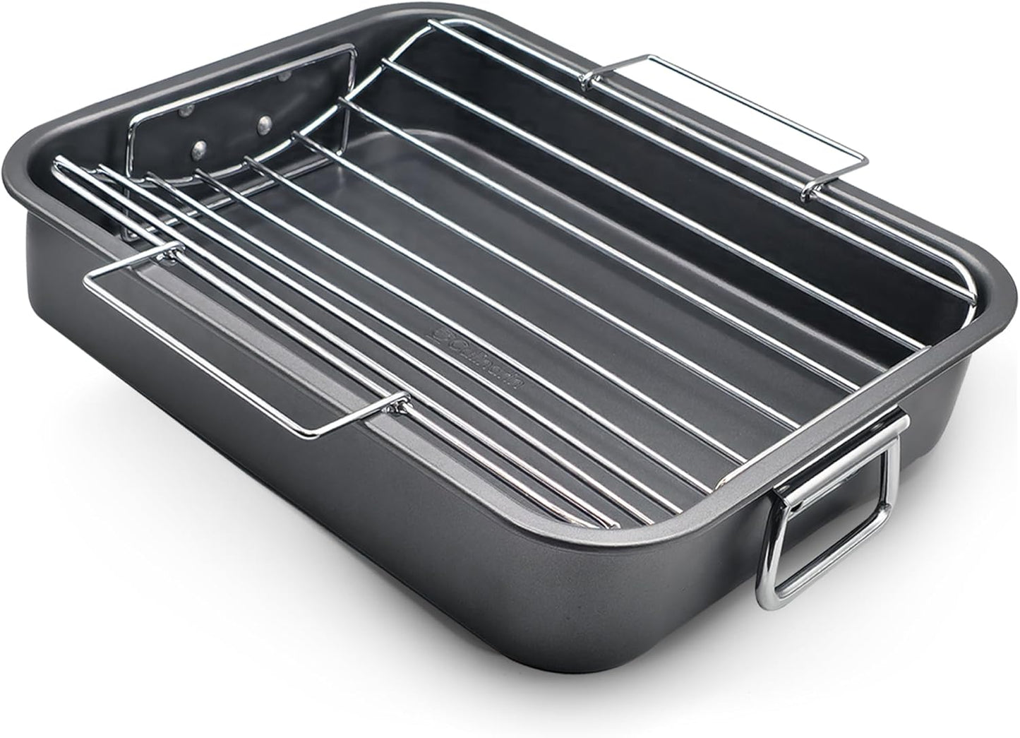 Large Roasting Pan With Rack 12” x 16” - Non Stick Large Roaster Pan and V-Rack With Foldable Handles - Roasting Pans for Ovens to Elevate Food for Even Heating - Dishwasher Safe Turkey Roast Pot