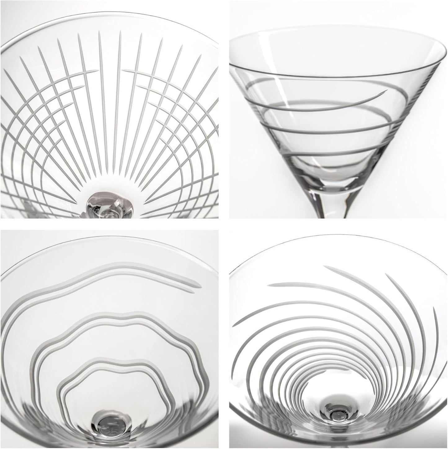 Rolf Glass Symmetry Martini Cocktail Glass | 10oz Martini Glasses | Lead-Free and Diamond-Wheel Engraved | Mixed Contemporary Designs | Proudly Made in the USA | Set of 4