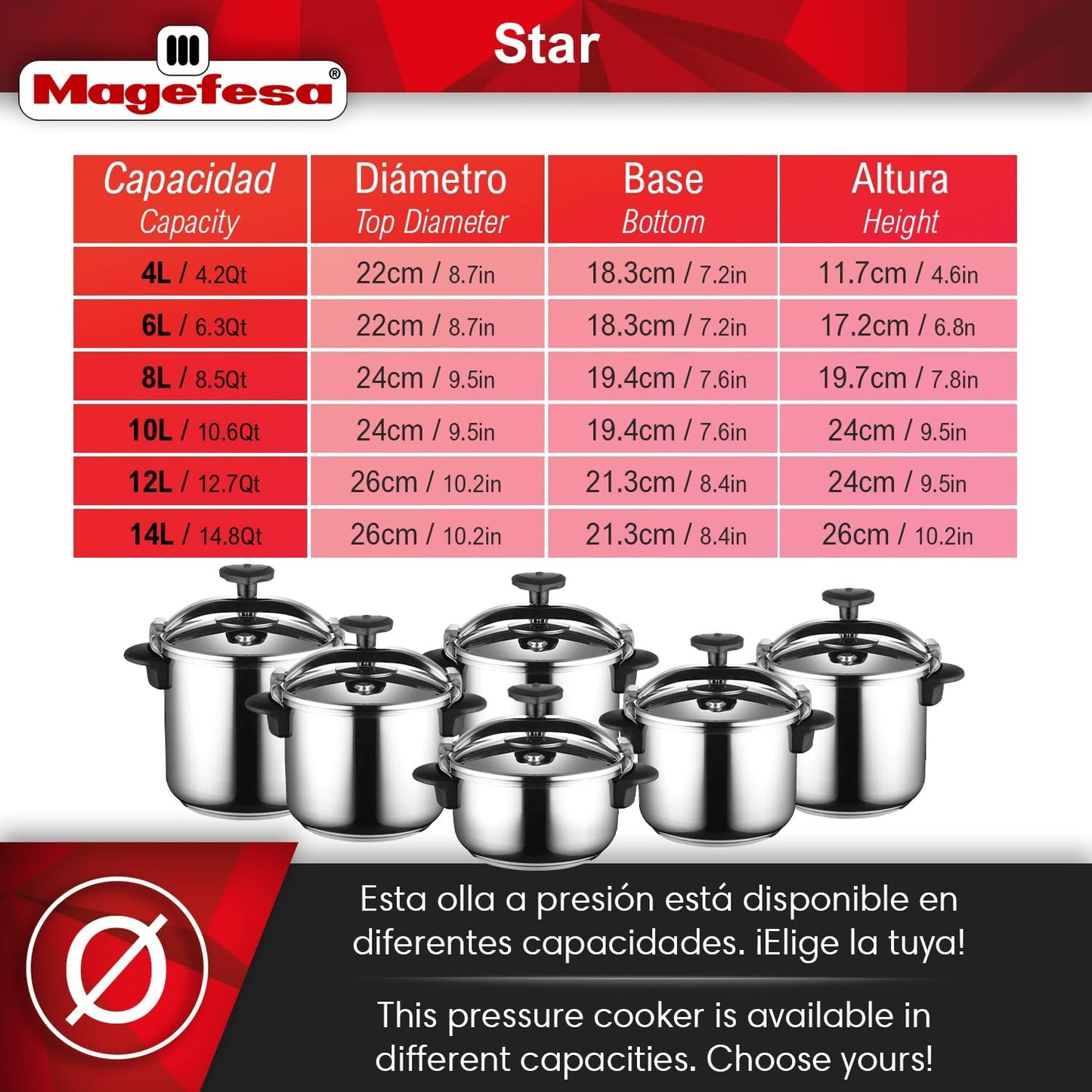MAGEFESA Star Pressure Cooker, 6.3-Quart, 18/10 Stainless Steel, Works on All Stovetops (Induction Compatible), Safety Lock & 8 PSI Cooking