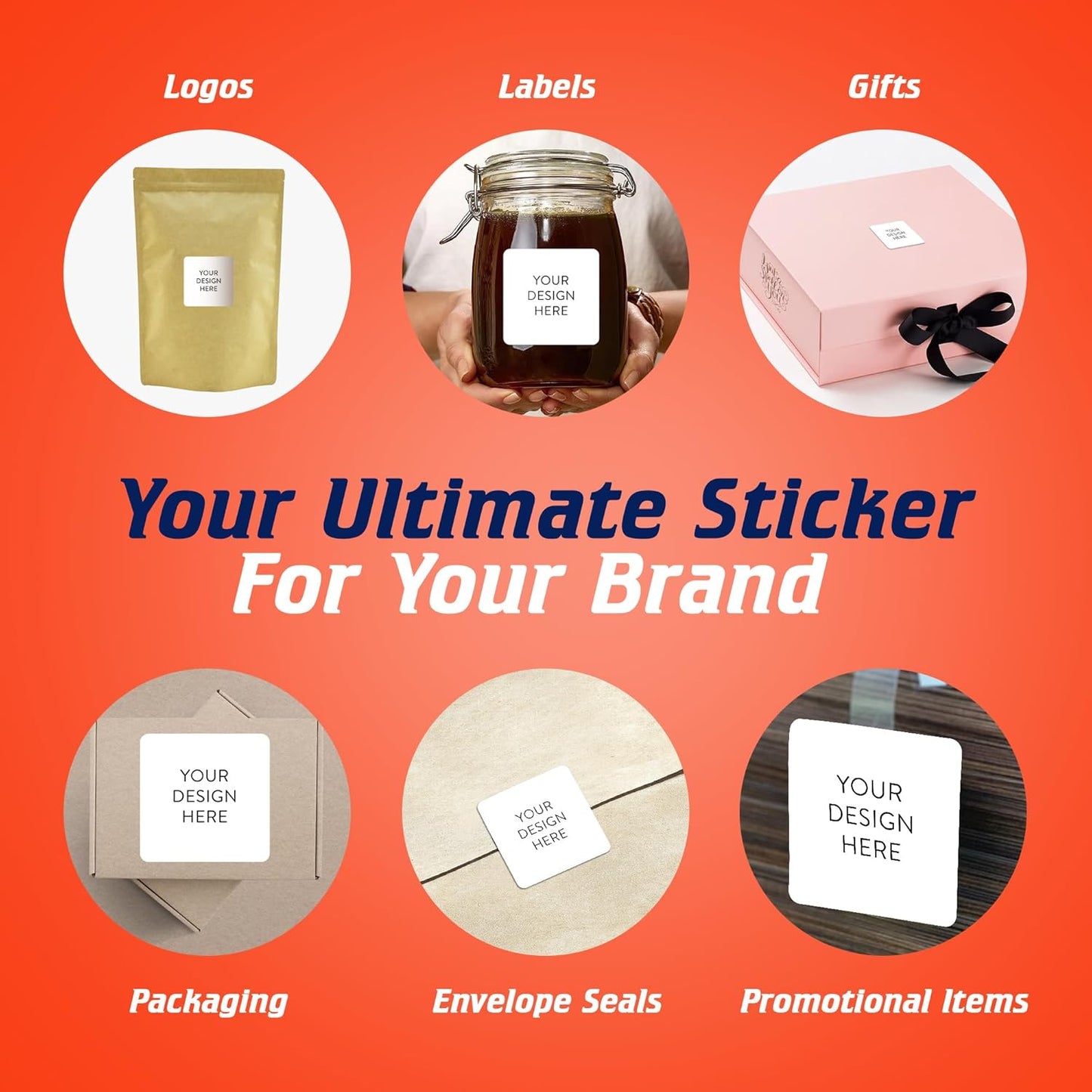 5-1000 Custom Vinyl Stickers - Upload Your own Image, Text, Design, Logo - Personalized Logo Labels for Handmade, Packaging, Bottle, Jars, Candle, Brand Stickers (White, 2x2 Square)