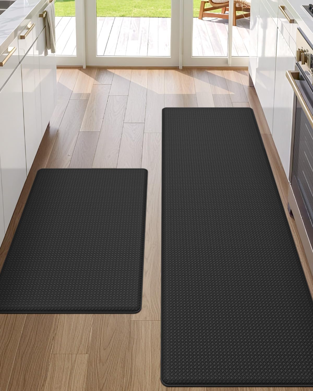 DEXI Kitchen Floor Mats Cushioned Anti Fatigue,17x29+17x59, Standing Runner Rug Waterproof, Comfort Memory Foam Padded for Front Sink Laundry Set of 2, Black