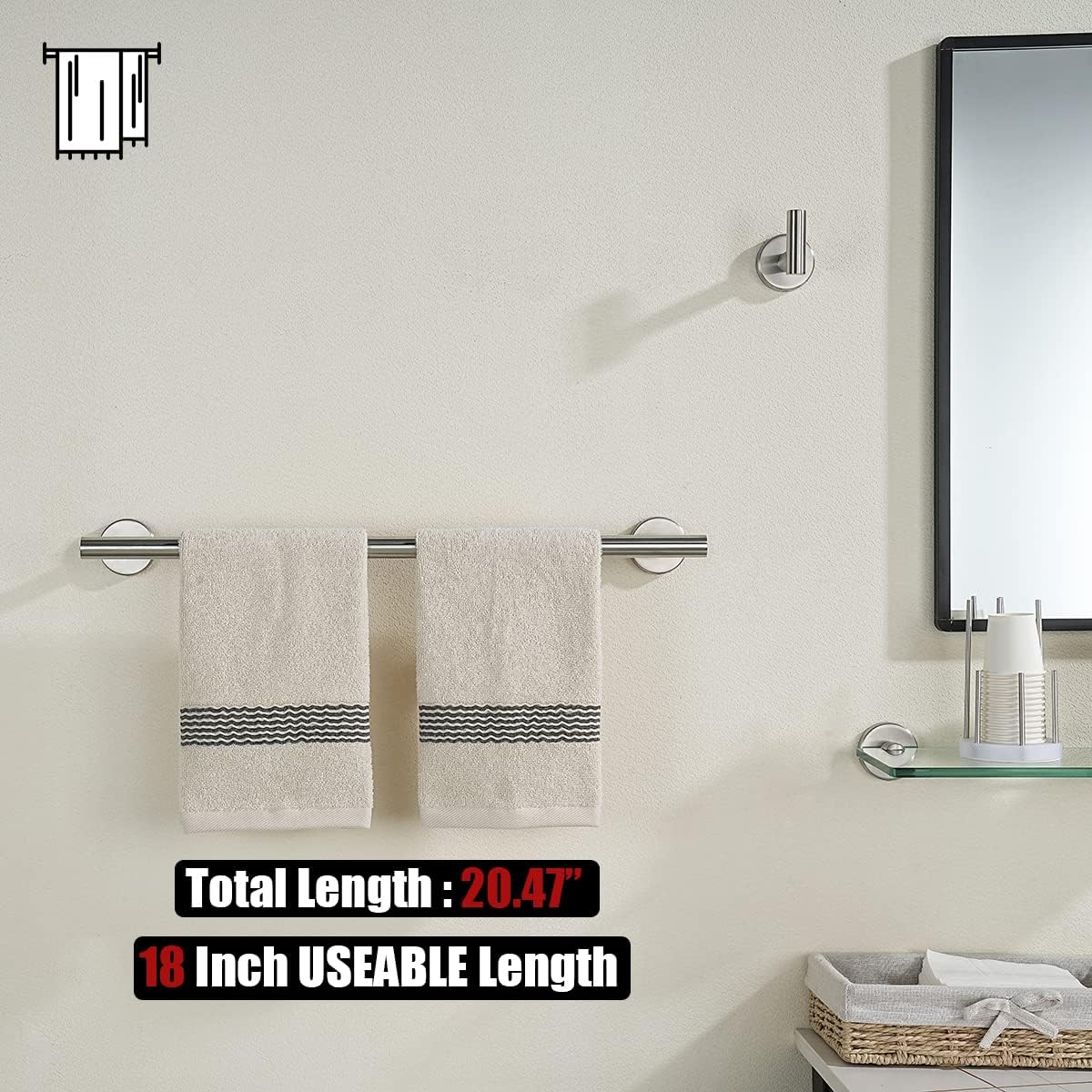 JQK Bath Towel Bar, 20.5 Inch 304 Stainless Steel Thicken 0.8mm Towel Rack Bathroom, Towel Holder Brushed Finished Wall Mount, Useable Length 18 Inch 2 Pack, TB110L18-BN-P2