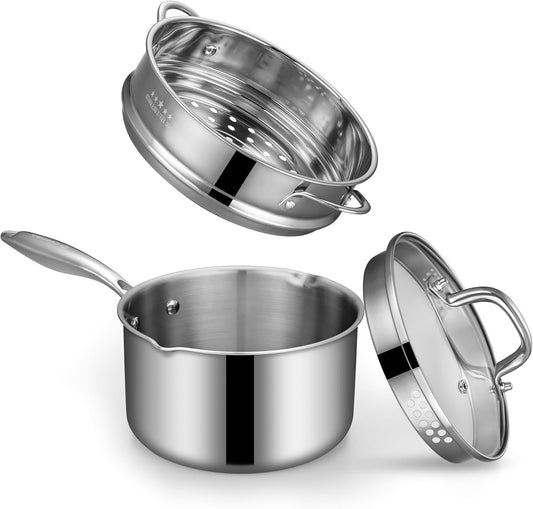 Tri-Ply Stainless Steel Sauce Pan with Steamer Basket & Straining Glass Lid— 2-in-1 Multi-Function Pot for Steaming, Boiling & Simmering — Healthy, Durable, Rust-Resistant, Professional-Grade Cookware