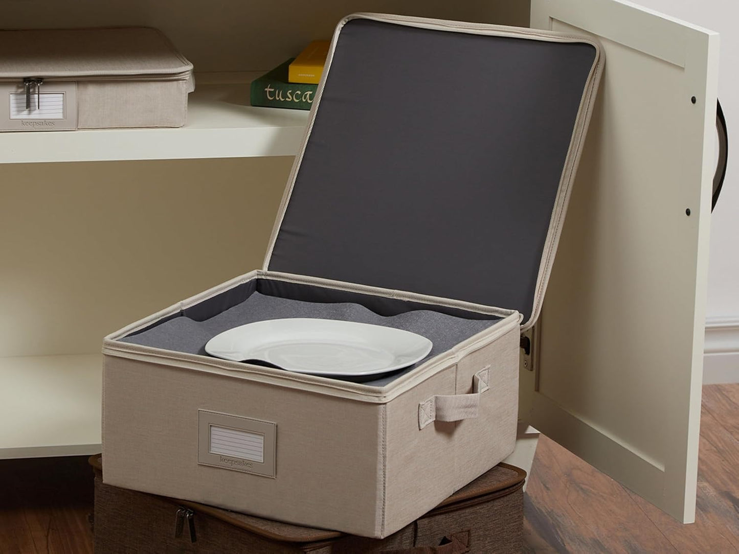 Covermates Keepsakes Dish Storage Box - Stackable, Reinforced Handles, China Storage, Beige Heather